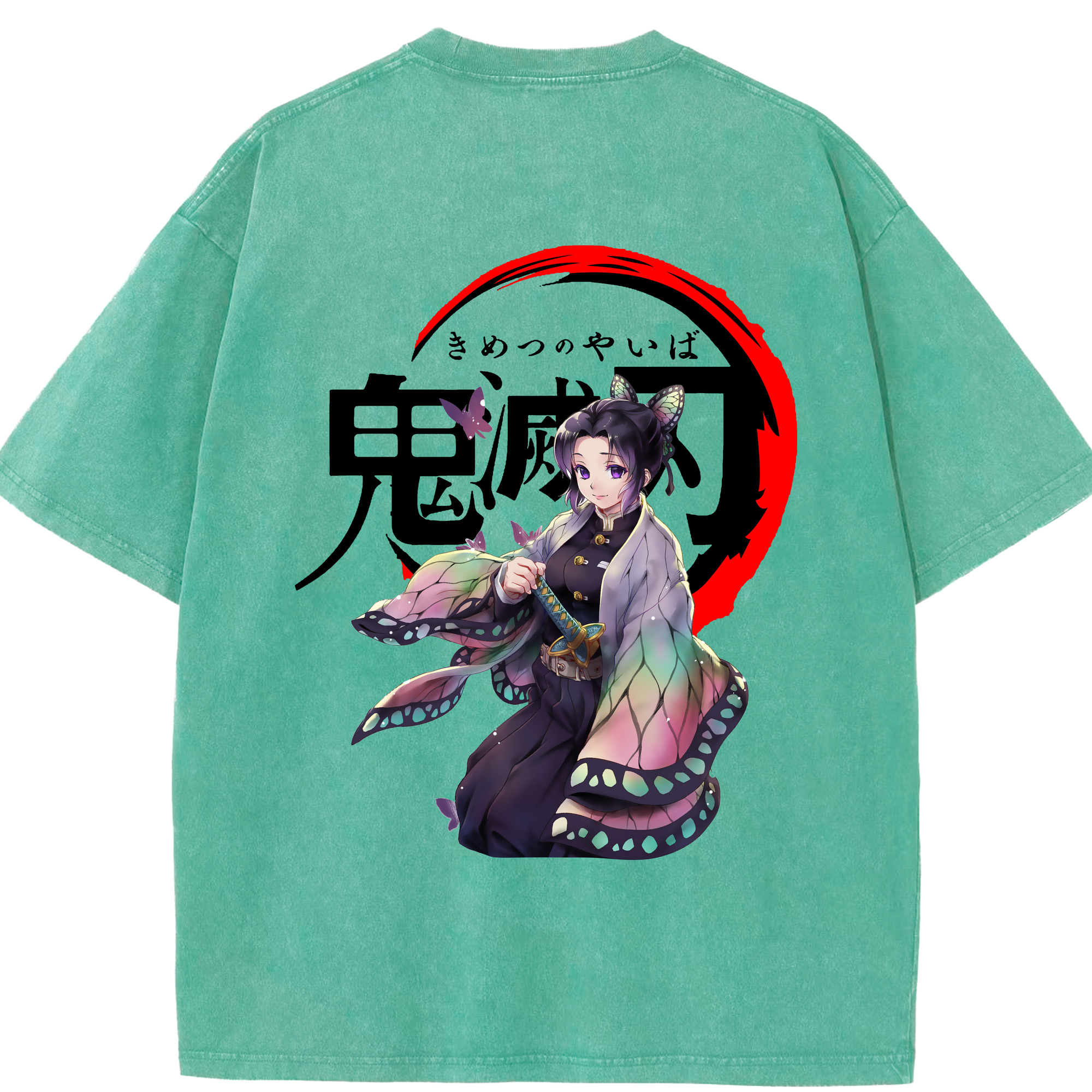 （画像用） 鬼滅の刃（きめつのやいば）蟲柱-胡蝶 しのぶ／こちょう しのぶ Kochou Shinobu 綿100% ヴィンテージ風 半袖Tシャツ（背面プリント）